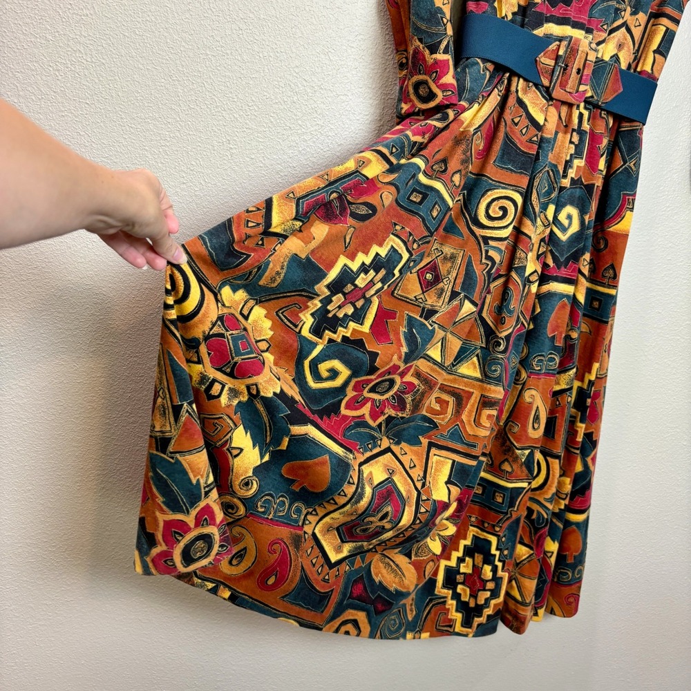 Sabino Vintage 80s Midi Dress Abstract Print Belted Long Sleeve Size 6 Bohemian - Picture 5 of 16